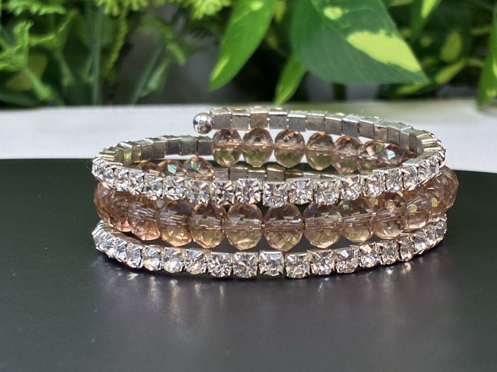 Vintage 3-Strand White And Champagne Colored Rhinestone Wrap Bracelet